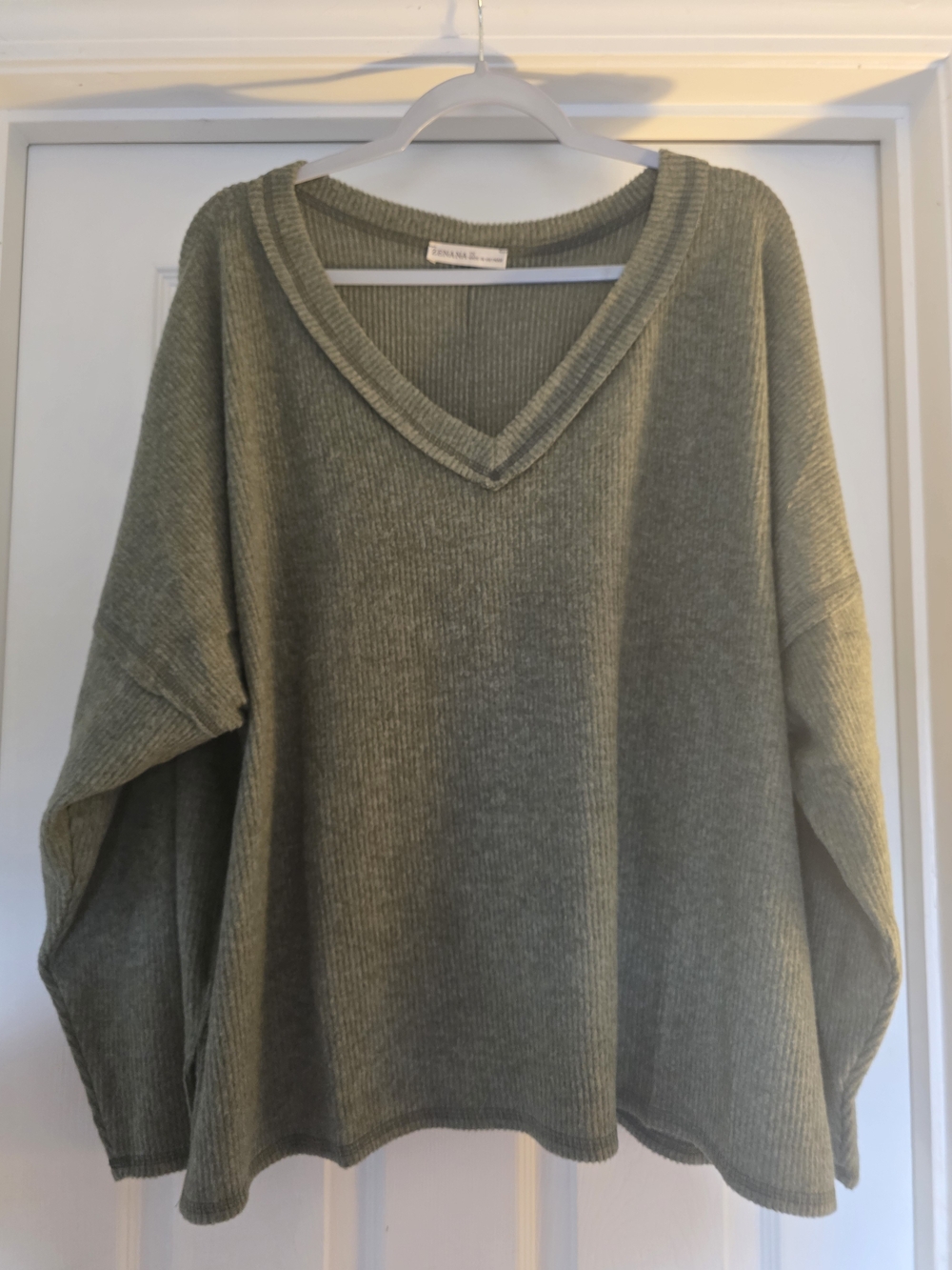 Zenana Outfitters Olive Green V-Neck Ribbed Sweater